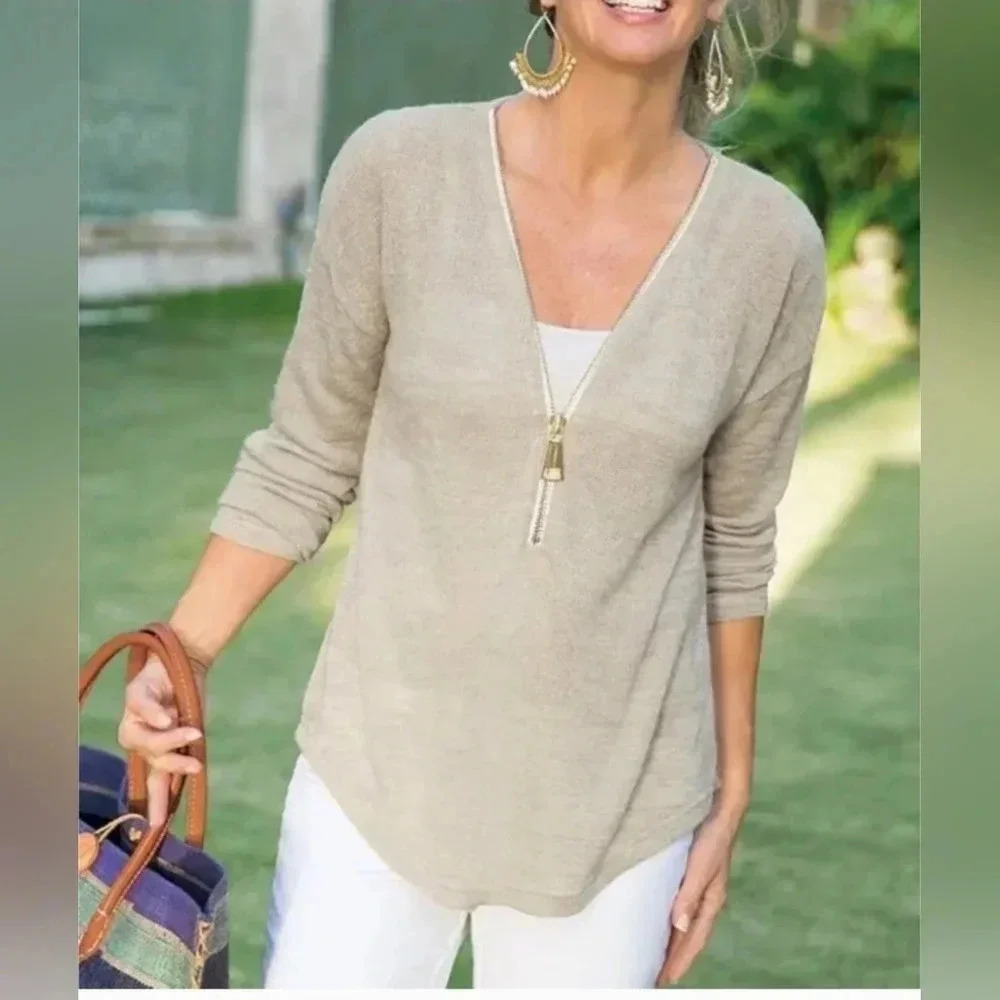 Soft Surroundings Valentina Zip Up Sweater Beige size XS‎ lightweight breathable